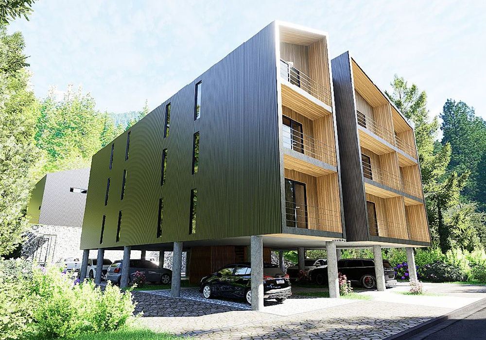 Render arquitectónico de HiVa 21.16, con viviendas y locales comerciales
